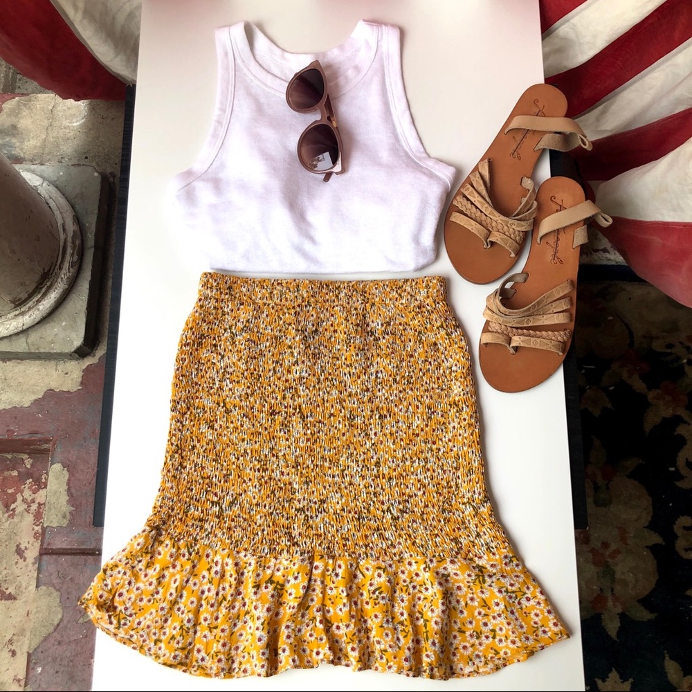 O.Vianca Smocked Yellow Floral Print Ruffle Skirt